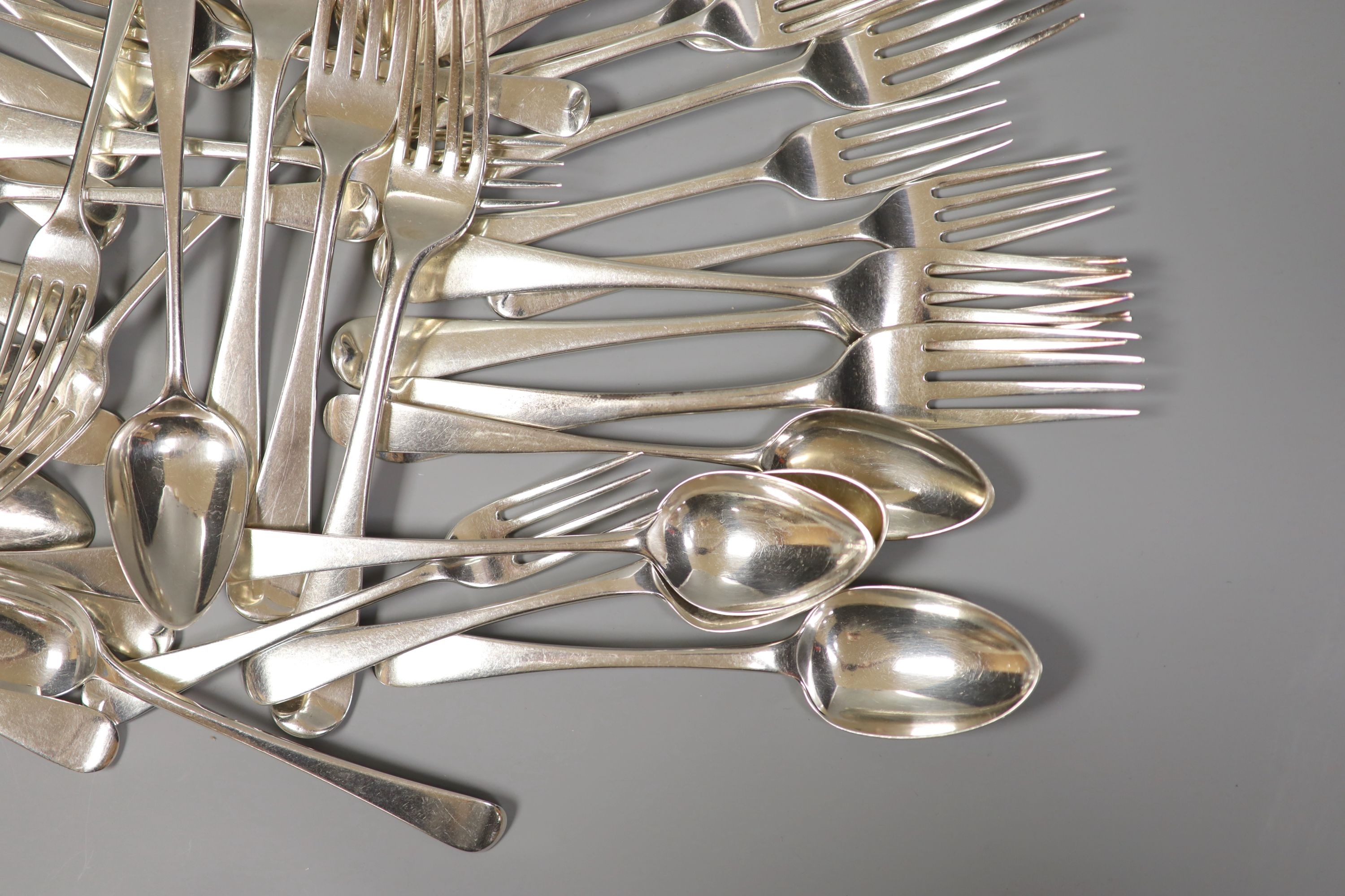 A matched part canteen of 19th century Old English pattern silver flatware, various dates and makers